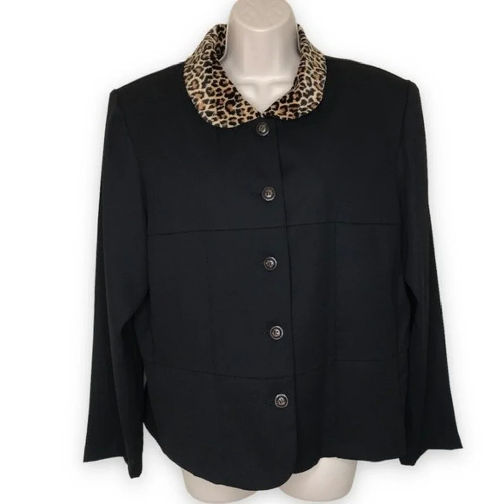 Sag Harbor Leopard Collar Black Button Up Unlined Jacket Long Sleeve Women 16